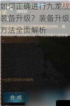 如何正确进行九龙战装备升级？装备升级方法全面解析