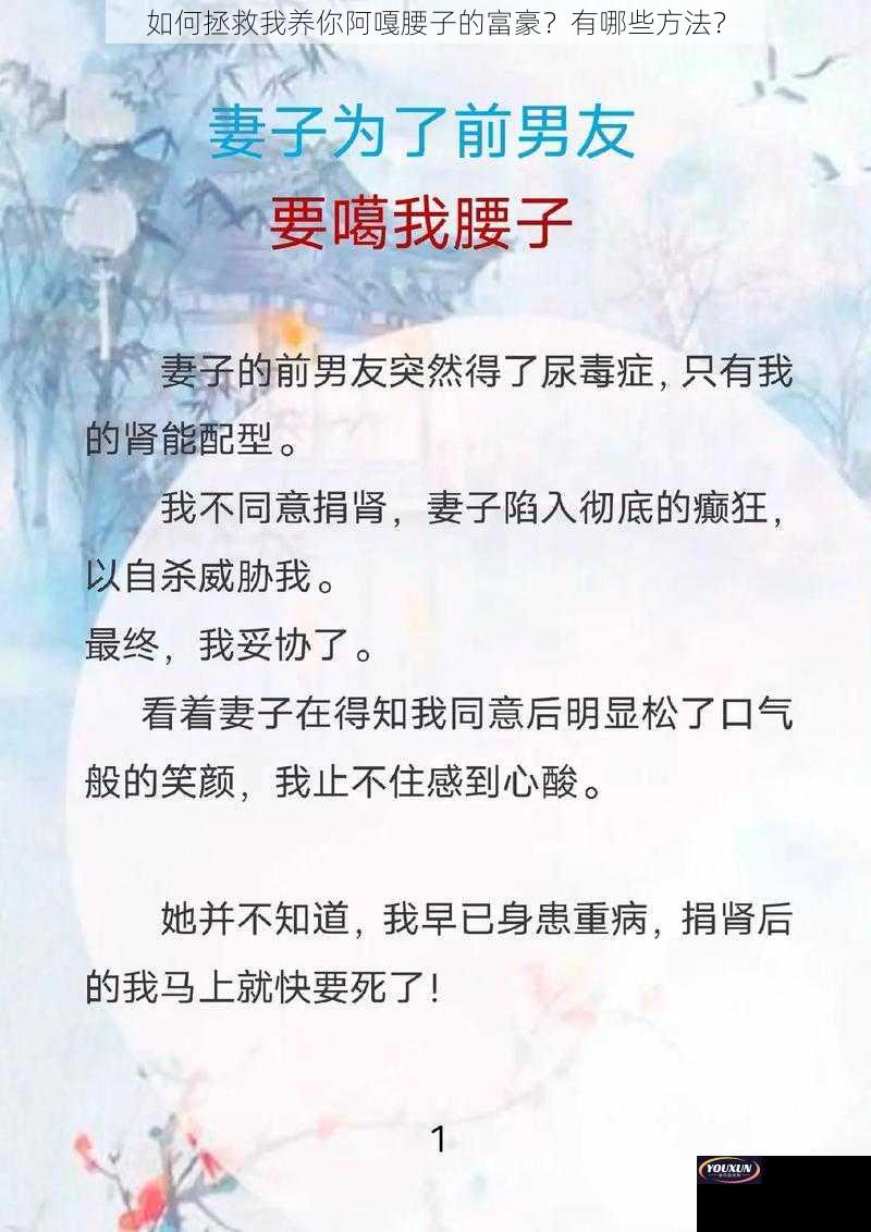 如何拯救我养你阿嘎腰子的富豪？有哪些方法？