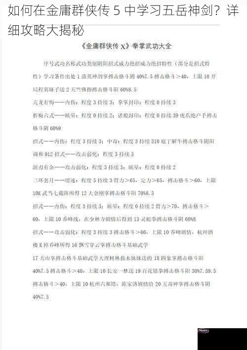 如何在金庸群侠传 5 中学习五岳神剑？详细攻略大揭秘